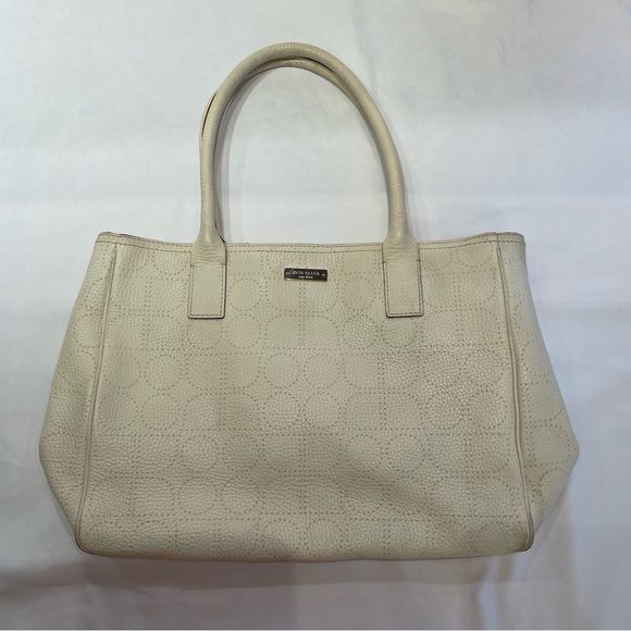 Vintage Luxury Kate Spade White Leather Dot Noel Tote Green Interior Old Money - Picture 3 of 16